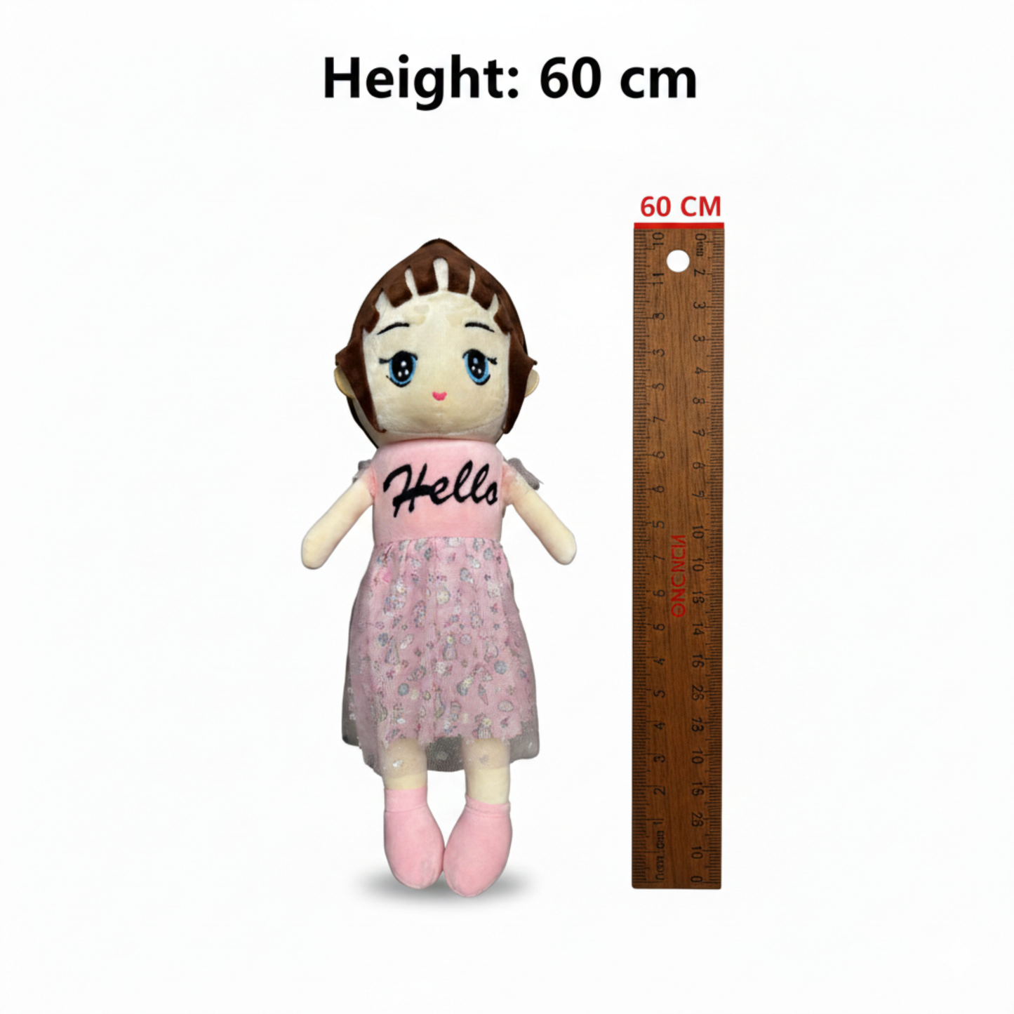 CUTE BROWN HAIRED GIRL DOLL PLUSH WITH HELLO SHIRT - 65 CMS