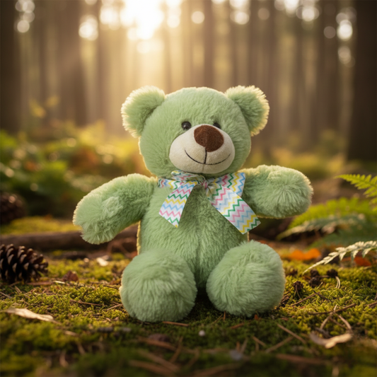 GREEN TEDDY BEAR SOFT TOY WITH BOW - 29 CMS
