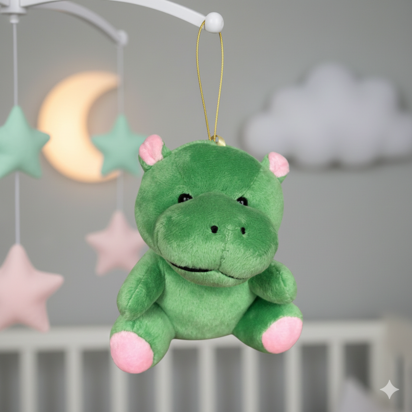 GREEN HIPPO HANGING SOFT TOY - 15 CMS