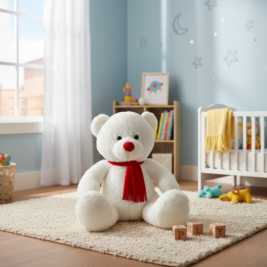 CLASSIC WHITE TEDDY BEAR SOFT TOY WITH RED SCARF – 36 CM