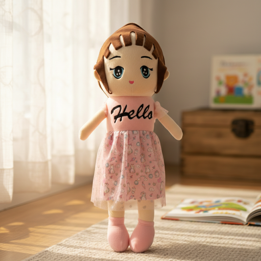 CUTE BROWN HAIRED GIRL DOLL PLUSH WITH HELLO SHIRT - 65 CMS