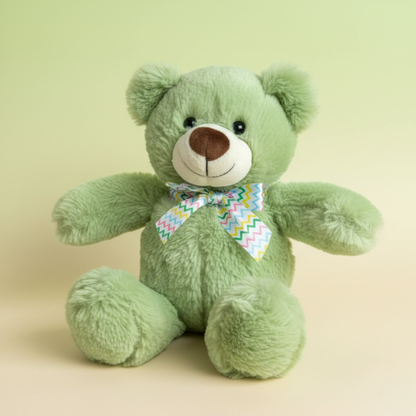 GREEN TEDDY BEAR SOFT TOY WITH BOW - 29 CMS