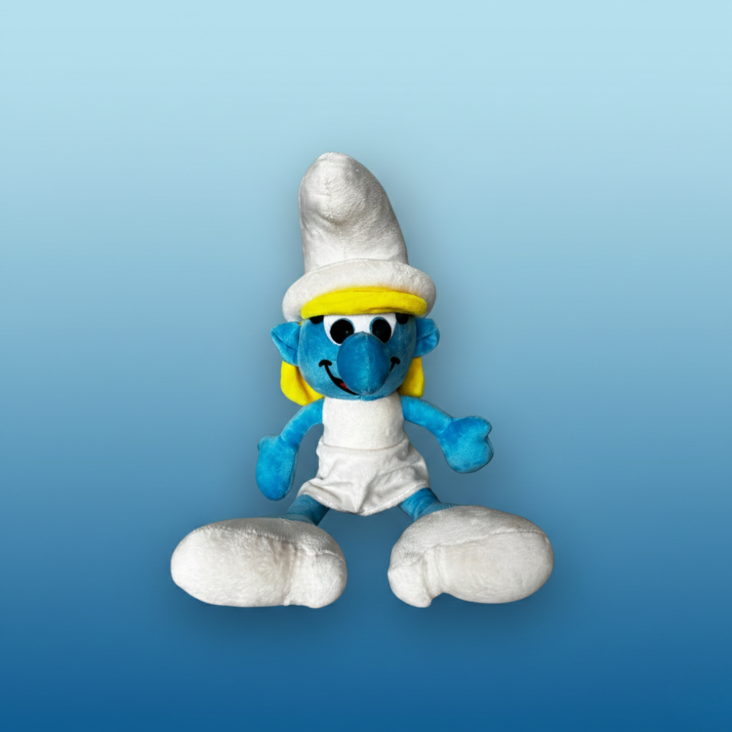 BLUE & WHITE PLUSH TOY WITH YELLOW HAT - 45 CMS