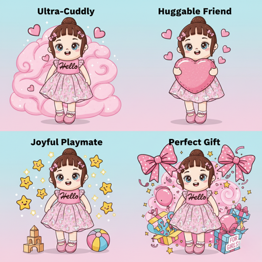 CUTE BROWN HAIRED GIRL DOLL PLUSH WITH HELLO SHIRT - 40 CMS