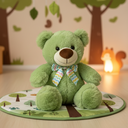 GREEN TEDDY BEAR SOFT TOY WITH BOW - 29 CMS