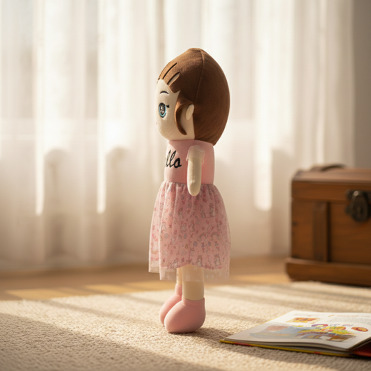 CUTE BROWN HAIRED GIRL DOLL PLUSH WITH HELLO SHIRT - 65 CMS