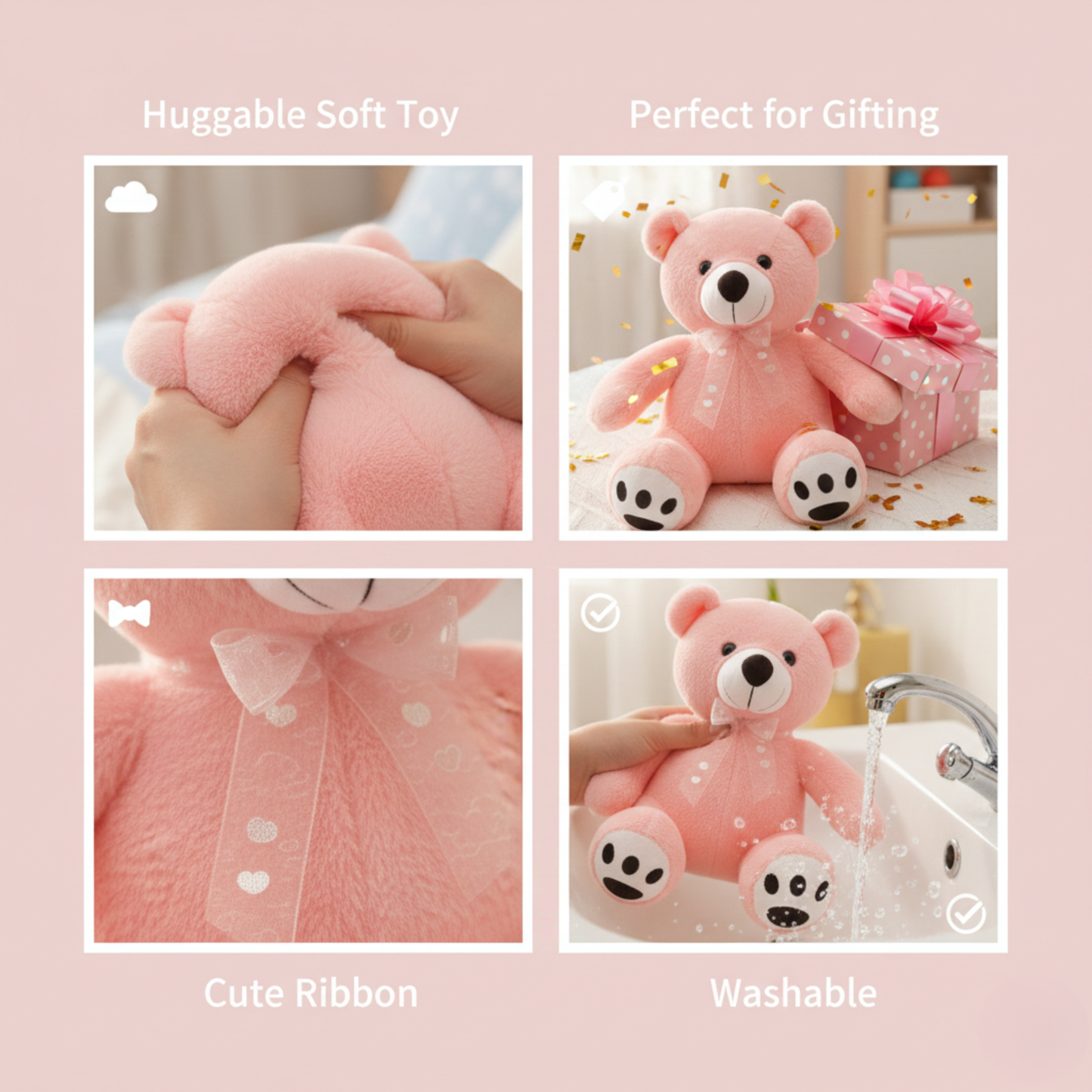 CUTE PINK TEDDY BEAR PLUSH WITH NECK RIBBON - 47 CMS