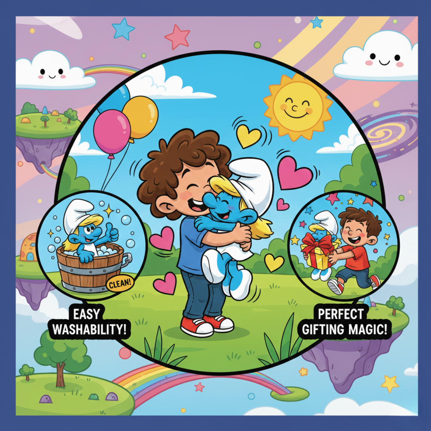 BLUE & WHITE PLUSH TOY WITH YELLOW HAT - 45 CMS