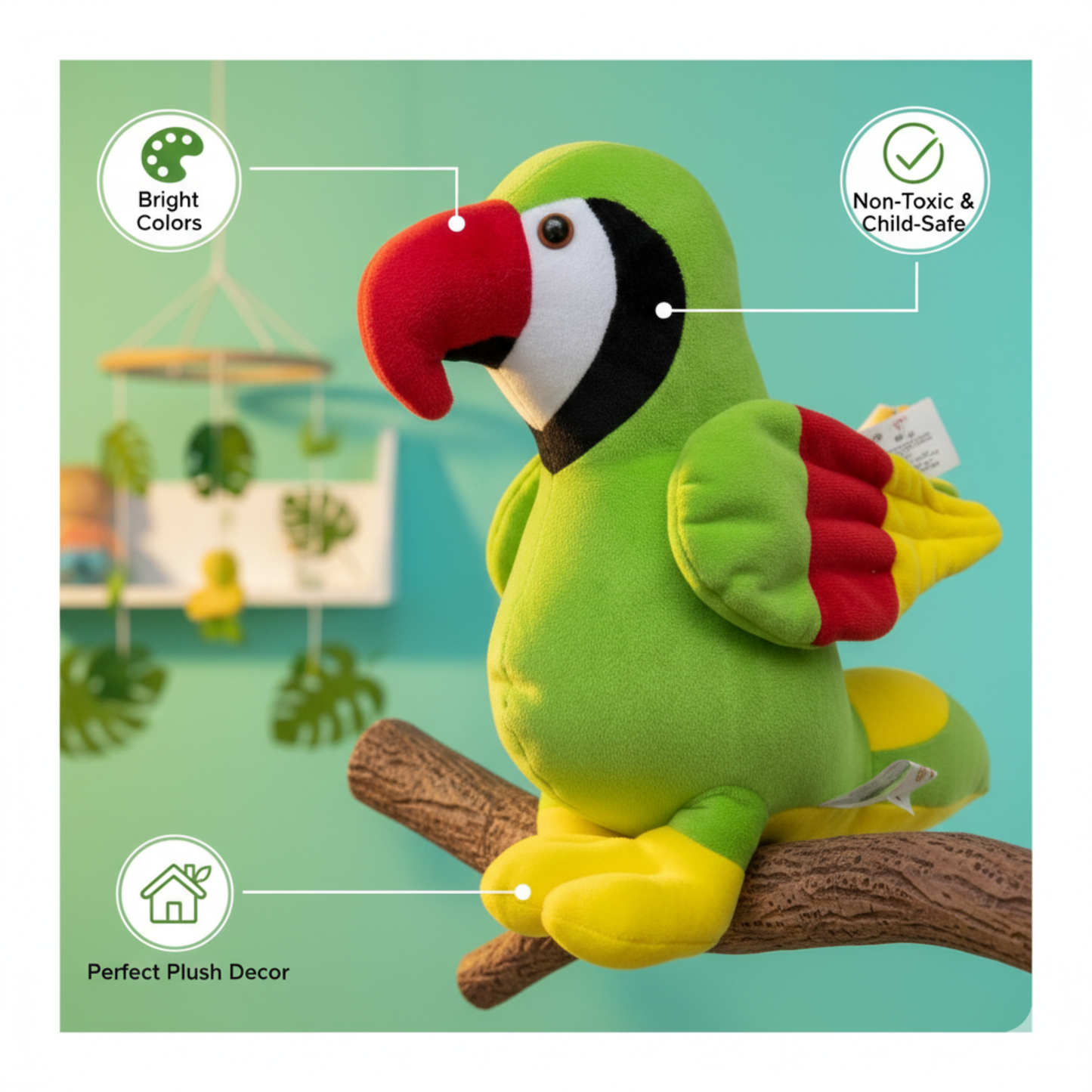 GREEN PARROT SOFT TOY WITH COLORFUL WINGS – 30 CM