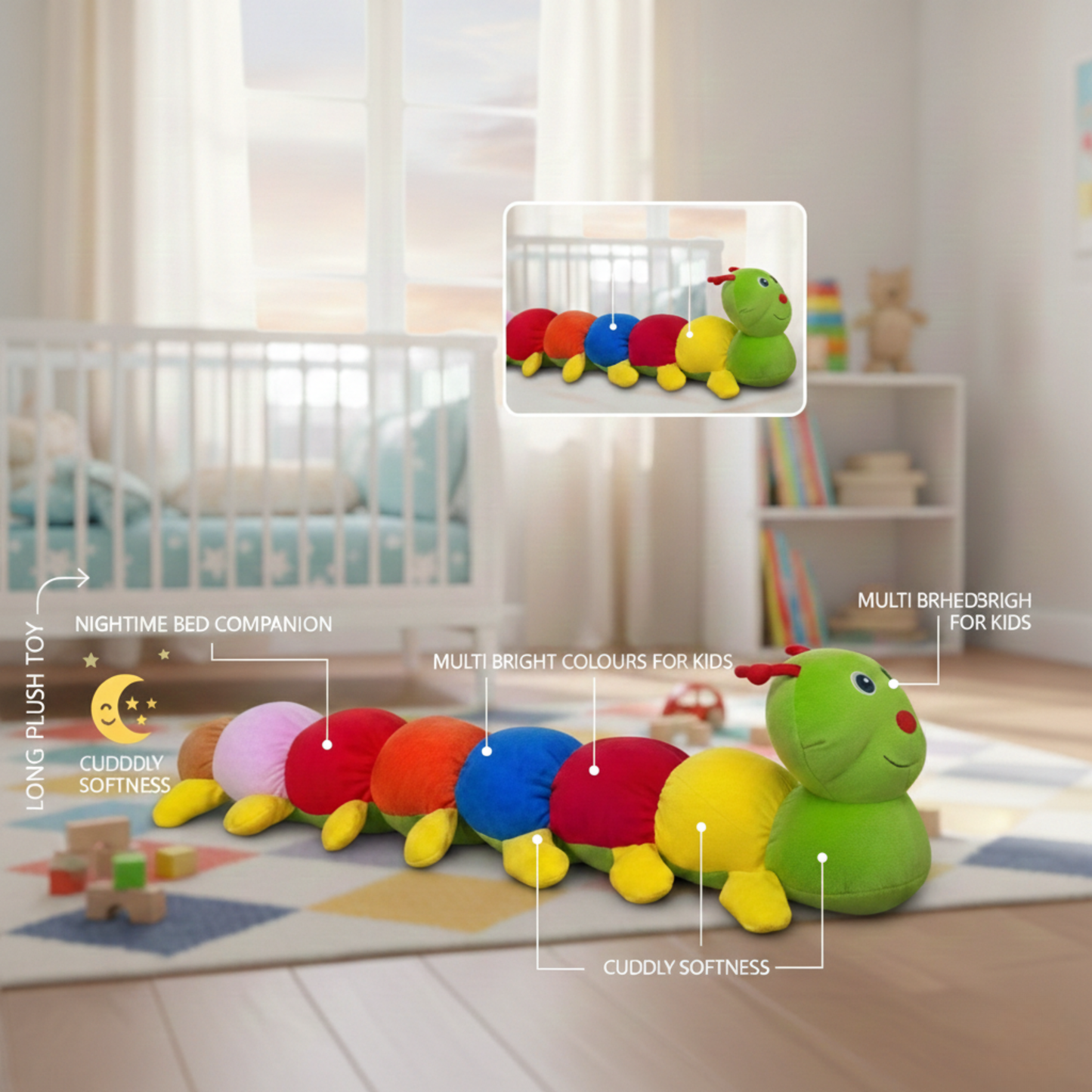 GIANT RAINBOW CATERPILLAR SOFT TOY - 83 CMS