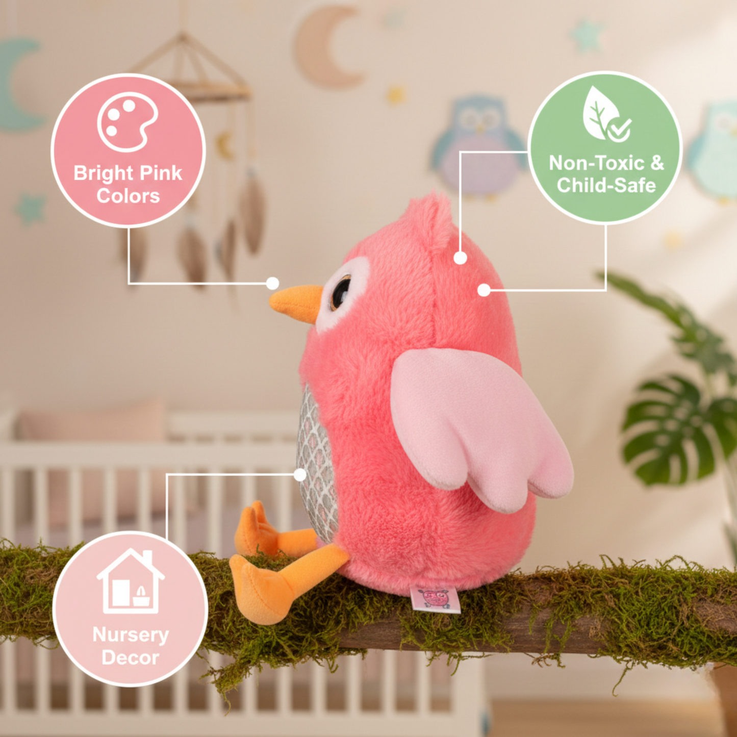 PINK OWL SOFT TOY - 35 CMS